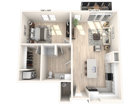 Floor plan for 1 bed, 1 bath, 877 sqft